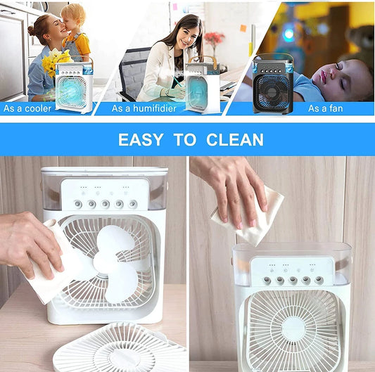 3-in-1 Portable Desktop Air Cooler – High-Speed Cooling Fan, Mist Humidifier & LED Night Light with 600ML Water Tank