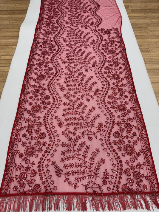 Crimson Radiance Hand-Embellished Net Saree