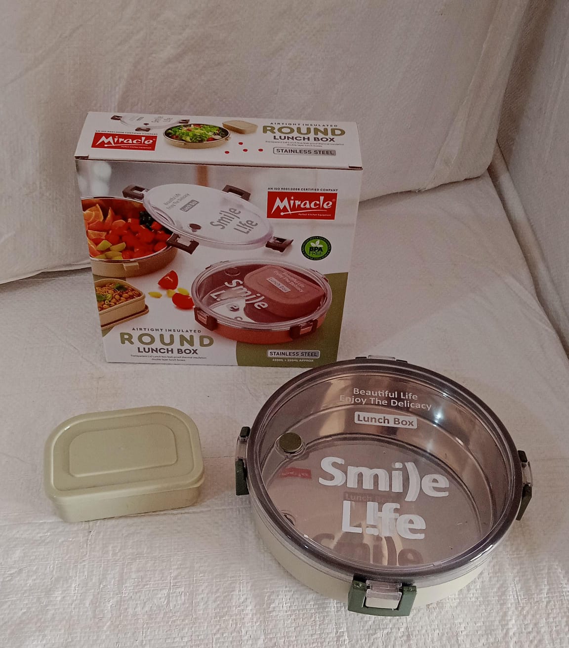 5584 Miracle Stainless Steel Round Lunch Box With Small Plastic Box Insert Leak Proof Lunch Box With Transparent Lid Lunch Box For Kids Adults For School Office (450 Ml + 250 Ml Approx)
