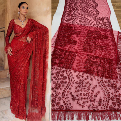 Crimson Radiance Hand-Embellished Net Saree