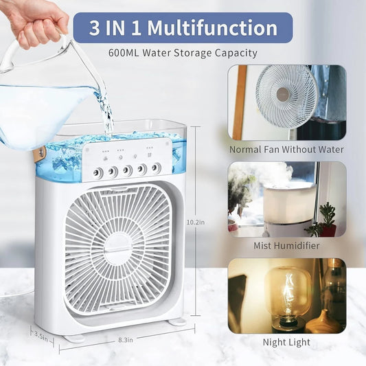 3-in-1 Portable Desktop Air Cooler – High-Speed Cooling Fan, Mist Humidifier & LED Night Light with 600ML Water Tank