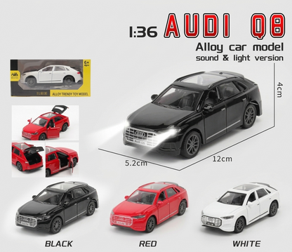 1:36 Scale Alloy Audi Q8 Die-Cast Metal Toy Car with Light & Sound Effects - Collectible Pull Back Action Model Vehicle | Pack of 1 | Store Pickup Only