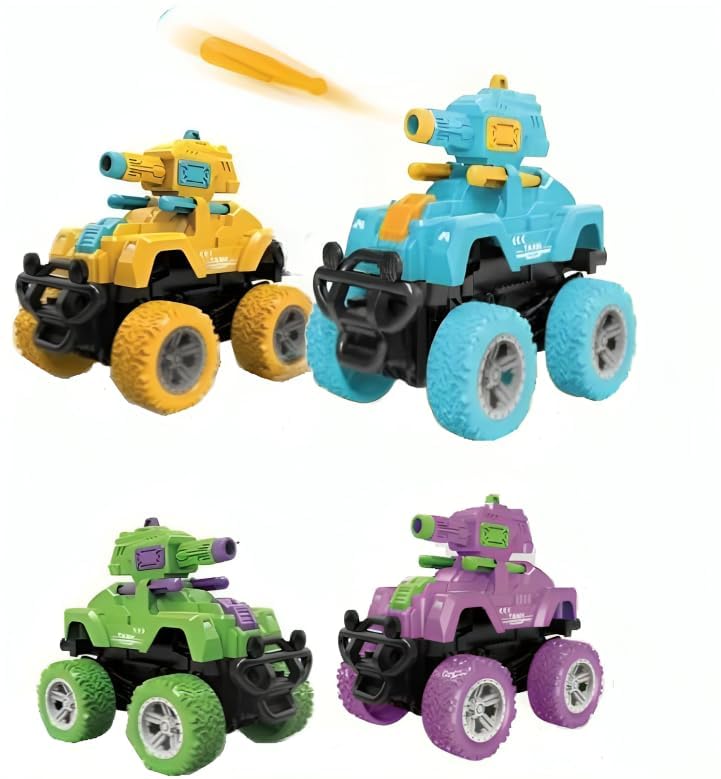 Hi-Tech Monster Tank Launcher Car Truck Friction Powered Cars Toy Monster Toys for Boys 3-7 Years Old 360 Degree Stunt 4wd Push go Truck for Toddlers Kids Gift