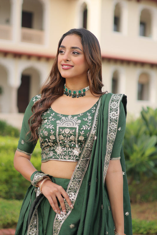Vichitra Silk Thread Embroidered Lehenga With Dupatta