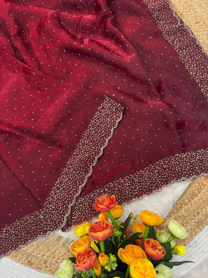 Luxe Space Silk Wedding Saree – Intricate Jarkhan Hand-Work & Scalloped Borders with Designer Blouse