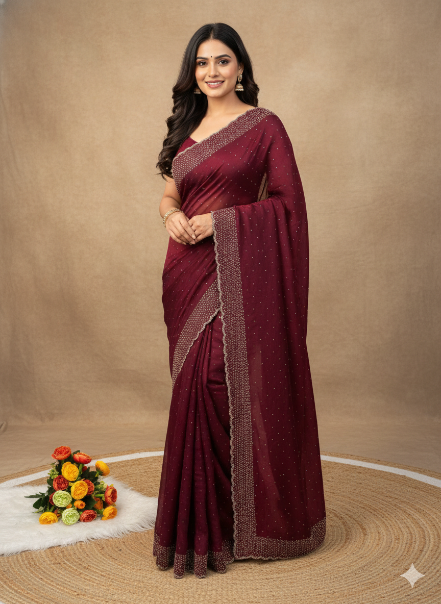 Luxe Space Silk Wedding Saree – Intricate Jarkhan Hand-Work & Scalloped Borders with Designer Blouse