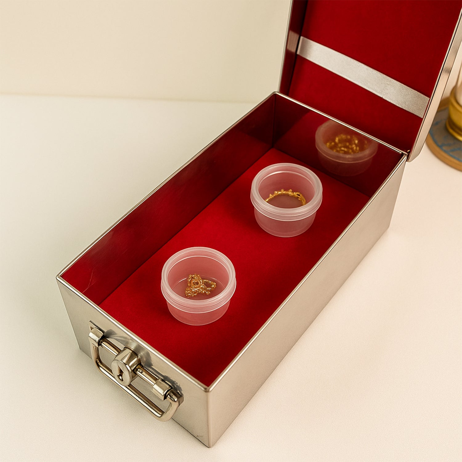 Premium Stainless Steel Velvet Lined Jewellery Storage Box With Lock And Red Interior