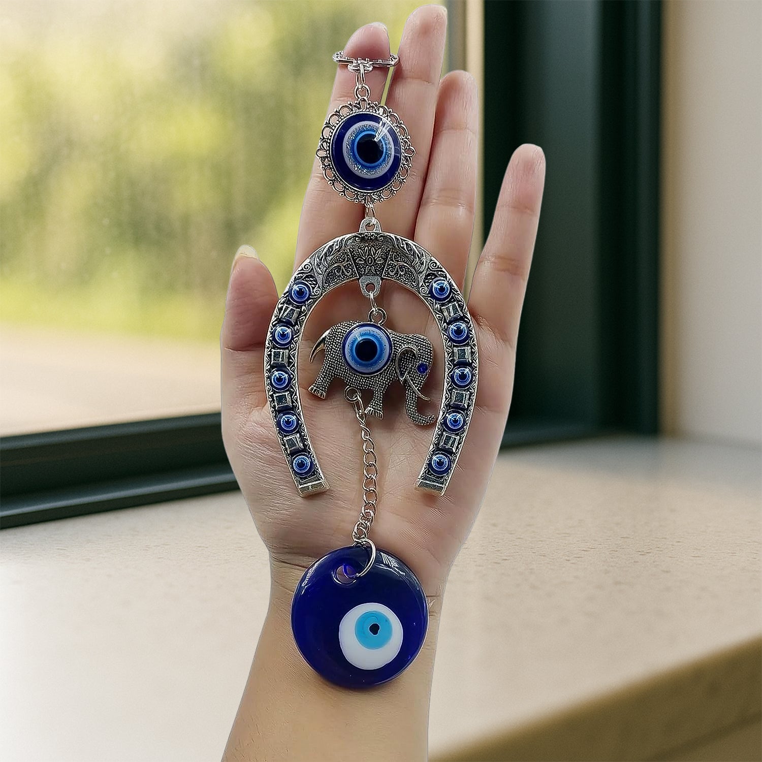 Decorative Evil Eye Hanging With Elephant And Horseshoe Motif  Wind Chime (1 Pc)