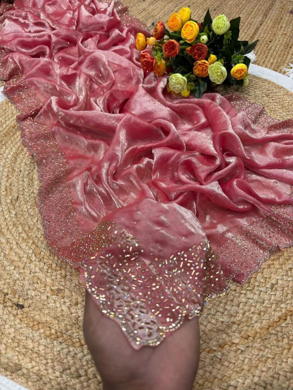 Luxe Space Silk Wedding Saree – Intricate Jarkhan Hand-Work & Scalloped Borders with Designer Blouse