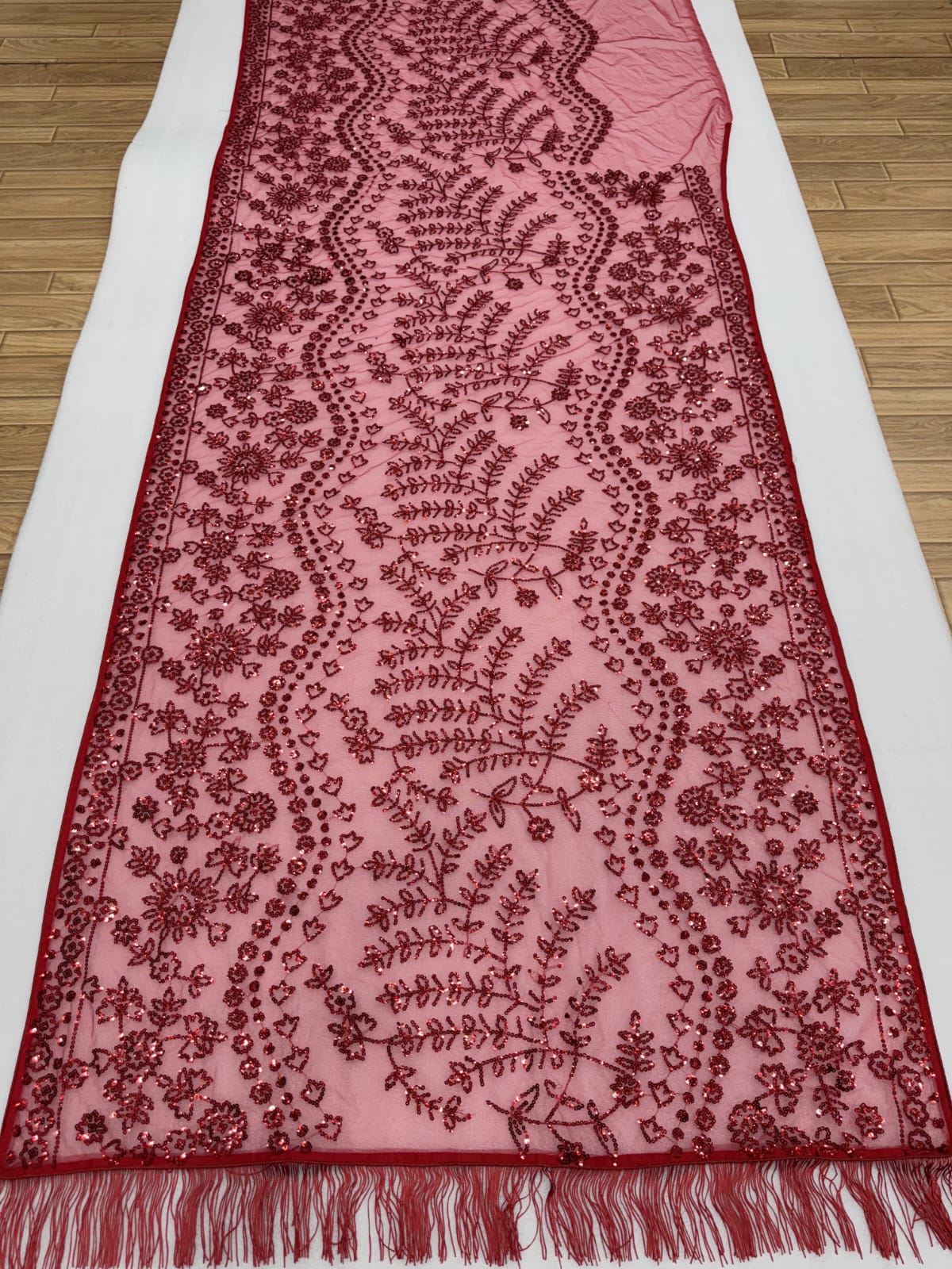 Crimson Radiance Hand-Embellished Net Saree