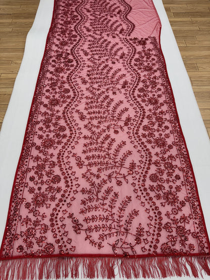 Crimson Radiance Hand-Embellished Net Saree