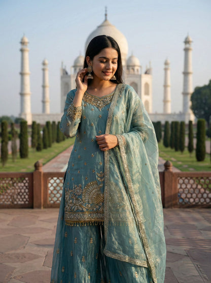 Pure Fendy Silk With Heavy Embroidery Sequence Work Top-Bottom And Dupatta Set Fully Stitched Ready To Wear