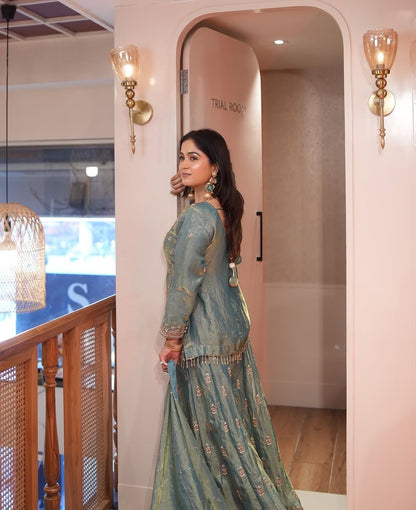 Pure Fendy Silk With Heavy Embroidery Sequence Work Top-Bottom And Dupatta Set Fully Stitched Ready To Wear