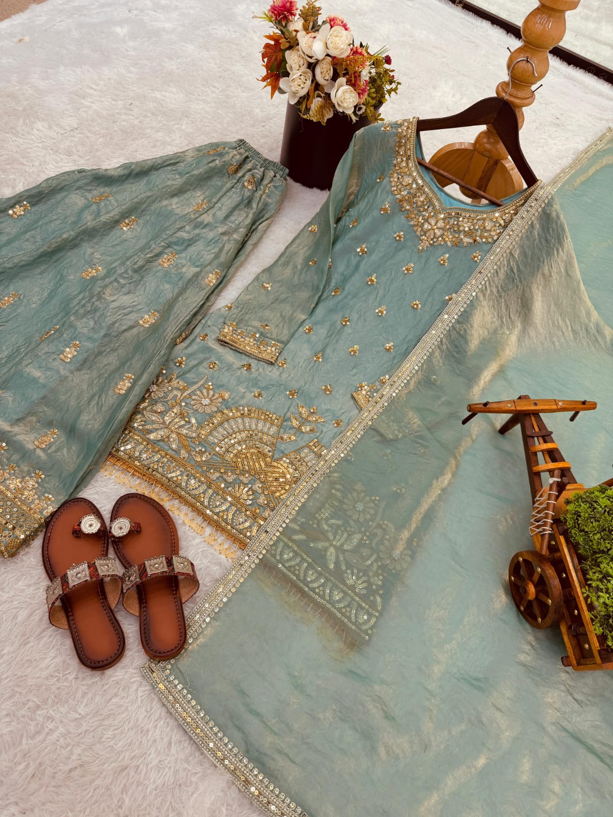 Pure Fendy Silk With Heavy Embroidery Sequence Work Top-Bottom And Dupatta Set Fully Stitched Ready To Wear
