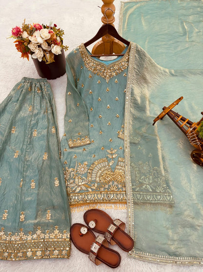 Pure Fendy Silk With Heavy Embroidery Sequence Work Top-Bottom And Dupatta Set Fully Stitched Ready To Wear
