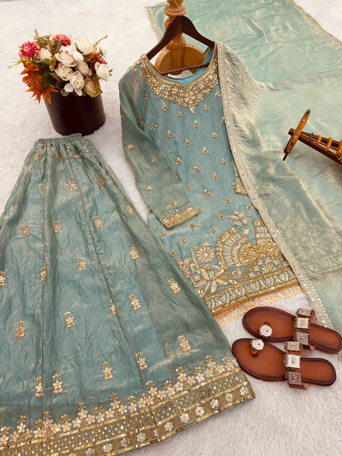 Pure Fendy Silk With Heavy Embroidery Sequence Work Top-Bottom And Dupatta Set Fully Stitched Ready To Wear