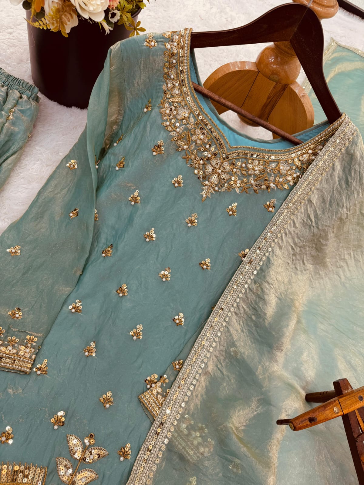 Pure Fendy Silk With Heavy Embroidery Sequence Work Top-Bottom And Dupatta Set Fully Stitched Ready To Wear