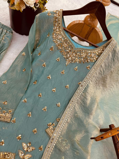 Pure Fendy Silk With Heavy Embroidery Sequence Work Top-Bottom And Dupatta Set Fully Stitched Ready To Wear