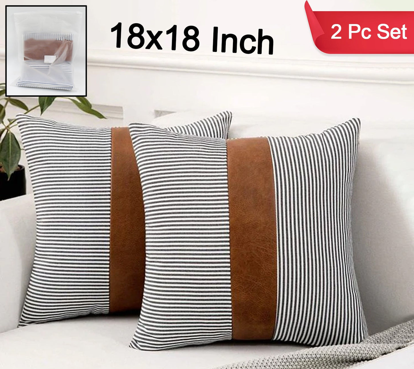 Pillow Covers Leather  Cotton Cushion Covers (16  16 Inch  1 Pair  2 Pc)