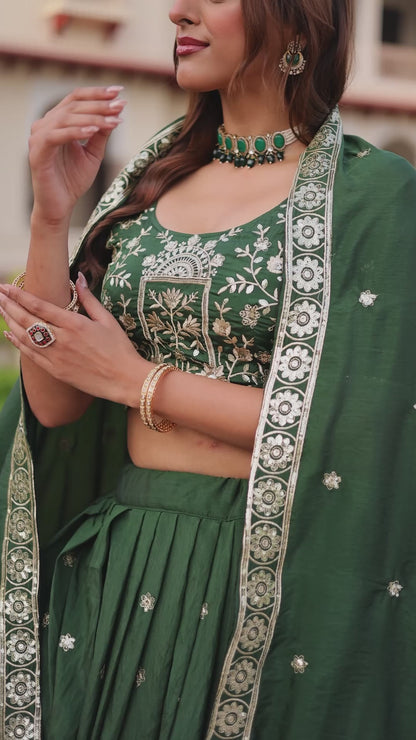 Vichitra Silk Thread Embroidered Lehenga With Dupatta