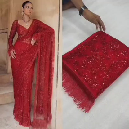 Crimson Radiance Hand-Embellished Net Saree